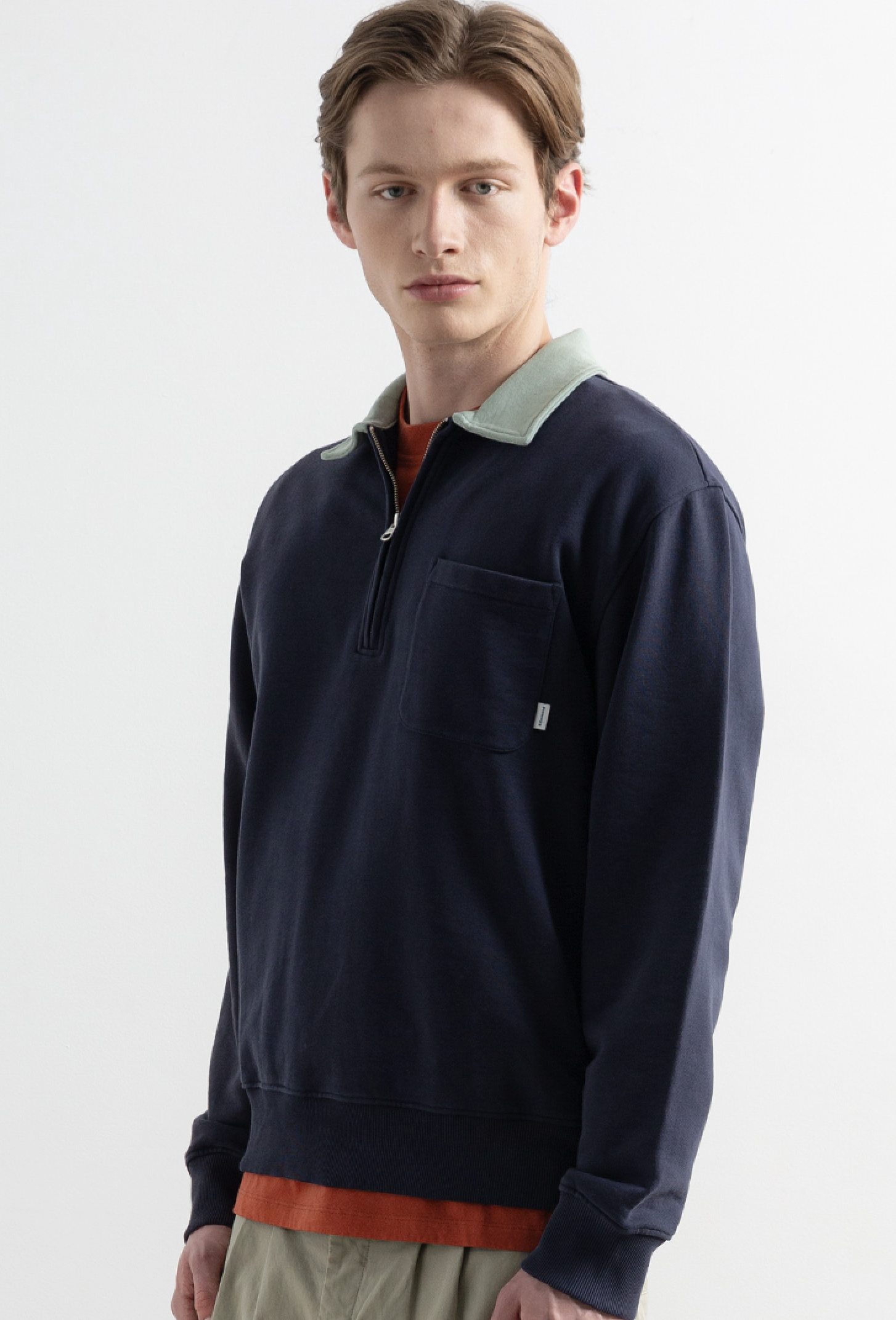 Edmmond Studios Temple Quarter Zip Polo Sweatshirt Plain Navy Mint